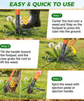 Stand Up Weed Puller Tool With 4-Claw Steel Head And Dual Eject, 43.7 Inch Bamboo Handle, Deep Root Remover For Lawn Garden Yard, Anti-Slip Pedal, No Bending Back Pain, Easy Weeding showing 3-step weed removal