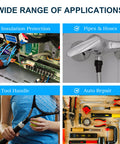 Four images showing self fusing silicone tape waterproof repair for plumbing hoses and pipes heavy duty leak proof seal used in various applications.