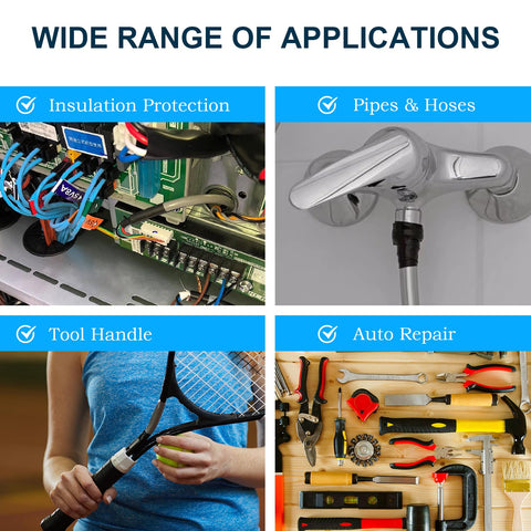 Four images showing self fusing silicone tape waterproof repair for plumbing hoses and pipes heavy duty leak proof seal used in various applications.