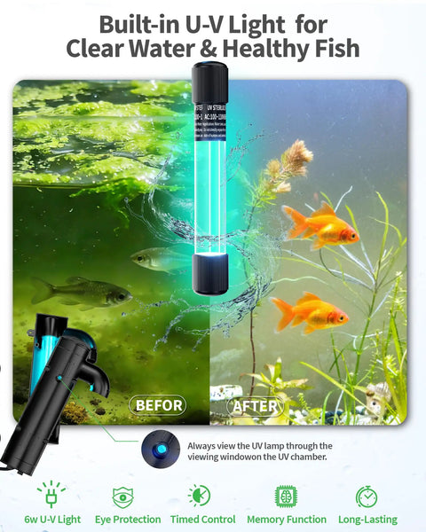 All In One Pond Filter Kit With U V Clarifier, 660 GPH Pump, 40W Power, RGB LED Lights, Built In Fountain For Outdoor Ponds Up To 1300 Gallons P2360 With Energy Efficient Design And Easy Maintenance showing UV clarifier effect