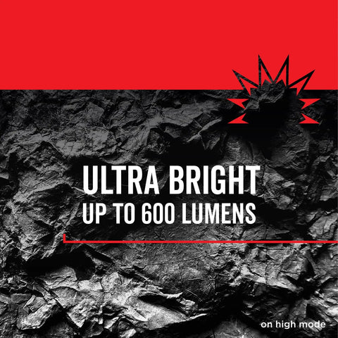 Ultra Bright 600 Lumens text on rocky background, promoting Ultra Tough LED Camping Lantern Flashlight With 600 Lumens Battery Powered Drop Tested From 15 Feet IP67 Waterproof Perfect For Hurricane Supplies Survival Kits Camping Gear Ready For Any Emergency