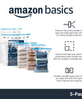 Five large clear vacuum storage bags showing compressed clothes, labeled Amazon Basics, featuring Space Saver Compression Up To 80 Percent.