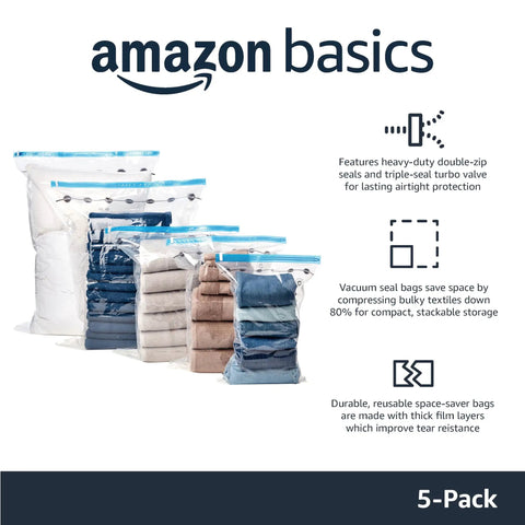Five large clear vacuum storage bags showing compressed clothes, labeled Amazon Basics, featuring Space Saver Compression Up To 80 Percent.
