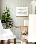 Dining room with Dew Drops XL Wall Stencil 24 X 39.5 In For Large Geometric Wall Patterns, plant and framed sign on wall.