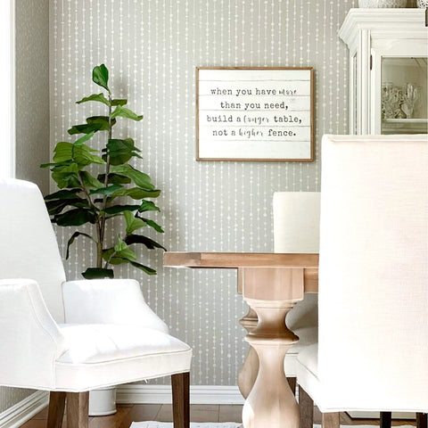 Dining room with Dew Drops XL Wall Stencil 24 X 39.5 In For Large Geometric Wall Patterns, plant and framed sign on wall.