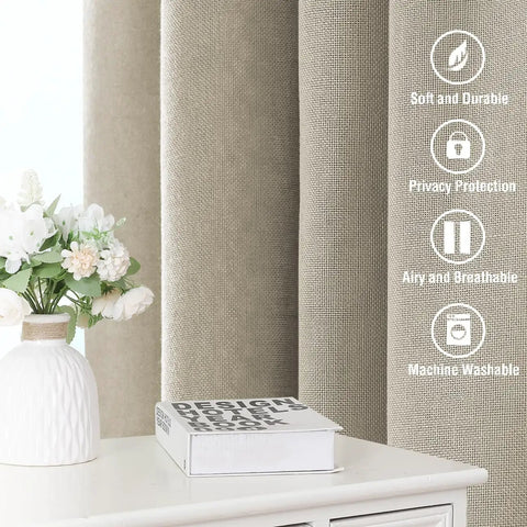 Natural Linen Curtains 108 Inch Long, 2 Panels, Back Tab Loop, Textured Light Filtering Semi Sheer, Rustic Farmhouse Boho Vibe