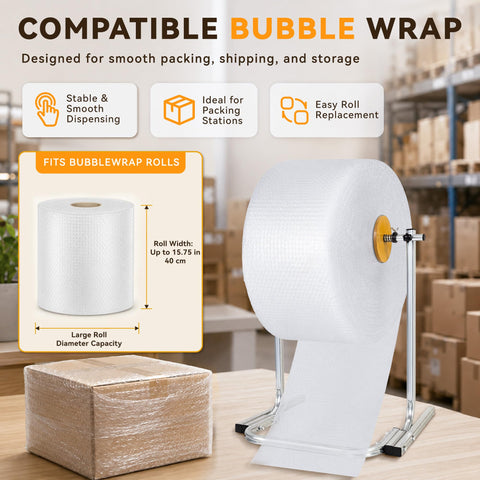 Heavy Duty Manual Bubble Wrap Roll Dispenser For Shipping Supplies Moving Tasks And Small Biz Packing With Safety Cutter And Nonslip Base Pack Like A Pro No Sweat Shipping displayed with large bubble wrap roll.