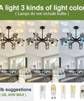 Six Light Black Glass Chandelier Pendant Lighting Mid Century Ceiling Fixture for living room showing three light colors