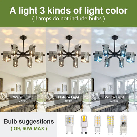 Six Light Black Glass Chandelier Pendant Lighting Mid Century Ceiling Fixture for living room showing three light colors