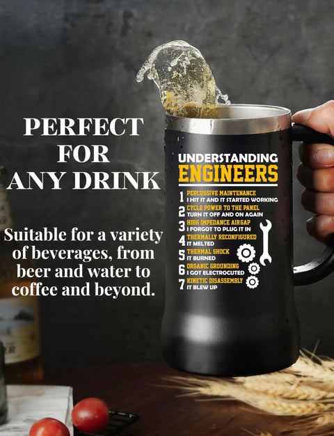 Person holding a 24oz Stainless Steel Beer Stein Tumbler With Lid For Engineers And Gearheads, with humorous print, water splashing out