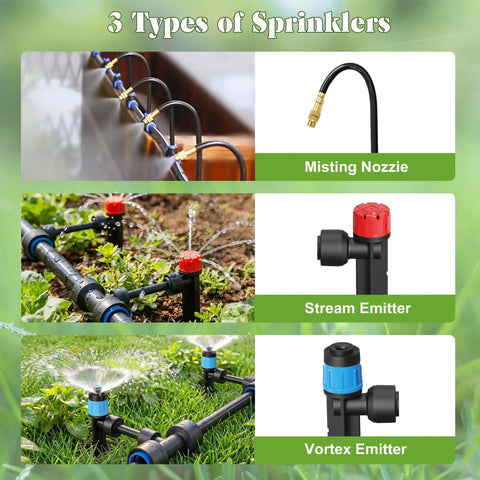 Effortless Drip Irrigation Kit For Garden And Yard With Automatic Plant Watering System showing misting nozzle and emitters