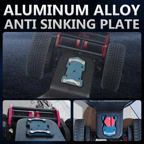 Close-up of an Aluminum Alloy Anti Sinking Plate on a skateboard's underside, part of the Ultra Bright Electric Skateboard Light With Long Lasting Battery Waterproof And Rechargeable All Aluminum T6 Design Quick Release Mount Wide Beam For Late Night Rides And Obstacle Spotting On Dark Roads package.