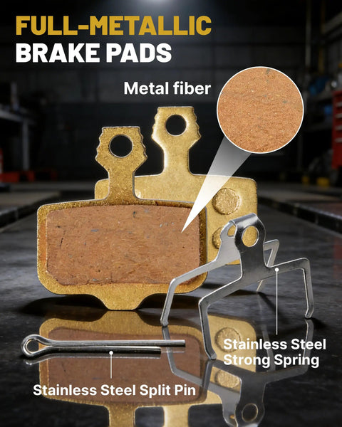2 Pack E Bike Brake Pads For Lectric XP Trike 1.0 2.0 3.0 4.0 Xpeak Xpress Xpedition XP Lite And Segway Ninebot GT1 GT2 Front And Rear Disc Brake Pads Replacement showing metallic components on a workbench.