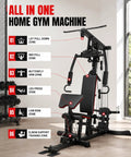 All In One Home Gym Machine With Leg Press And Preacher Curl in a bright room, showing various exercise zones marked on the machine.