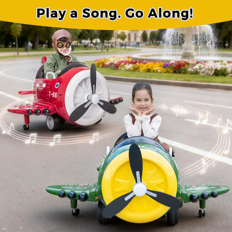 Children riding on 12V battery powered ride on airplane with remote control for kids, joystick steering, in park setting