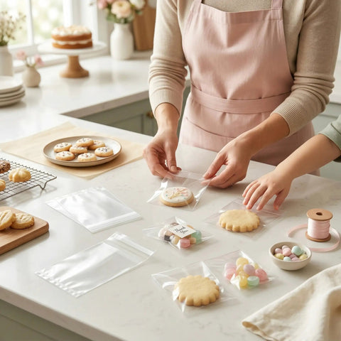 Person sealing cookies and candies in Self Sealing 4x6 Cellophane Bags For Cookies And Treats Pack Of 200 on kitchen counter