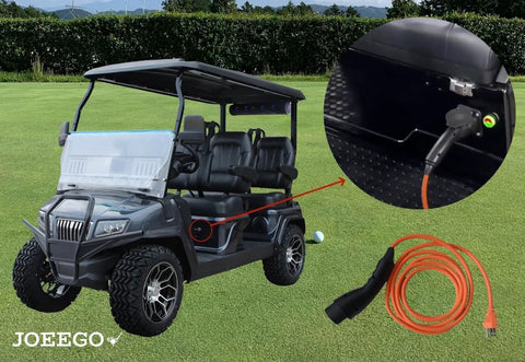 Top Shelf Ev Golf Cart Charger Cable 10 Feet Long 16 Amp 120V Plug shows usage with a black golf cart on a green course.