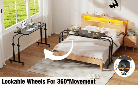 Super Adjustable Mobile Recliner Desk With Smooth Cruising Wheels Hella Flexible Overbed Table For Laptop Working near a bed.