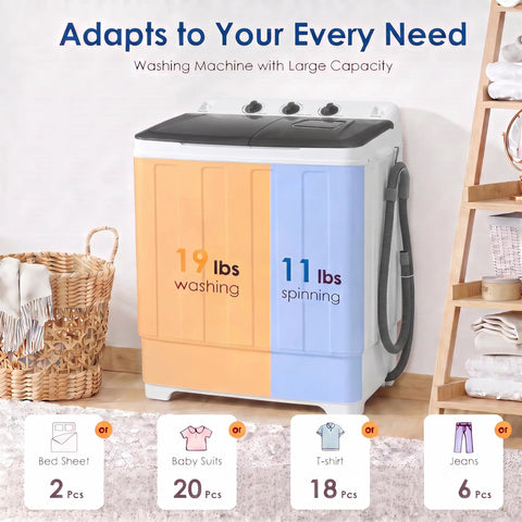 Portable Twin Tub Washing Machine With 19 Pound Washer And 11 Pound Spinner Dryer Featuring A Heavy Duty Drain Pump for apartment laundry.