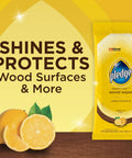 Expert Care Wood Wipes With Lemon Scent For Sealed Wood Leather Granite And Stainless Steel Quick Shine Buff And Protect Polisher Wipes In A 24 Count Pack package with lemons showing