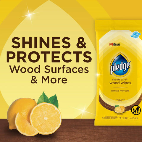 Expert Care Wood Wipes With Lemon Scent For Sealed Wood Leather Granite And Stainless Steel Quick Shine Buff And Protect Polisher Wipes In A 24 Count Pack package with lemons showing