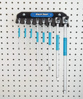 Sliding T Handle Hex Wrench Set With Speed Spinner For Quick Bolt Runs on pegboard, includes 2mm to 10mm hex bits.
