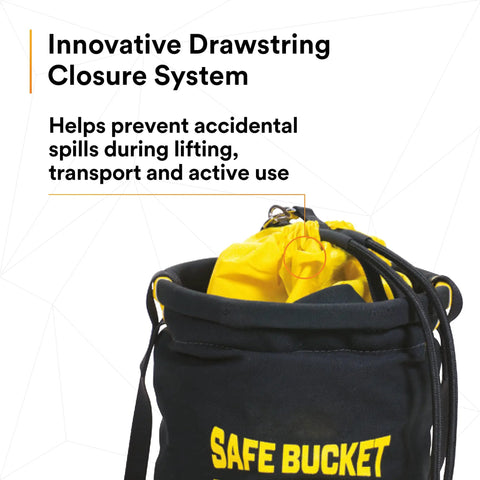 Close-up of Canvas Spill Control Safe Bucket for Tools with six D-ring connection points and drawstring closure.