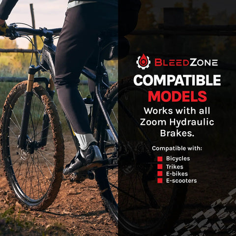 Rider on bike compatible with Zoom hydraulic brakes, focus keyword: Brake Bleed Kit For Zoom Hydraulics Easy Bleed System With Reusable Syringes Hoses Bleed Block And Adapters Funnel Fit For MTB And Road Bikes Quick Clean Shop Free Maintenance.