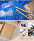 All In One Heat Press Kit With 6 PTFE Sheets 12 By 16 Inches 8 T Shirt Alignment Rulers, heat-resistant tape, and PVC tape measure shown with hoodie