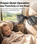 Dual Head Backseat Car Fan With 360 Swivel Rotation Plus Usb Powered Design Brings Sweet Adjustable Cool Airflow to a sleeping child.