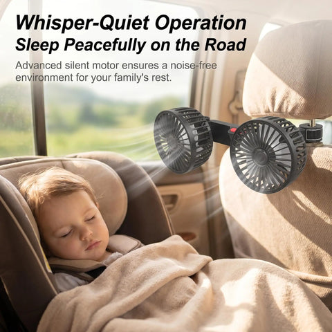 Dual Head Backseat Car Fan With 360 Swivel Rotation Plus Usb Powered Design Brings Sweet Adjustable Cool Airflow to a sleeping child.