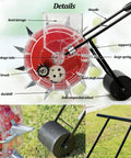 Manual Seeder for Easy and Efficient Sowing with equidistant row planting showing seed storage and soil compaction wheel.