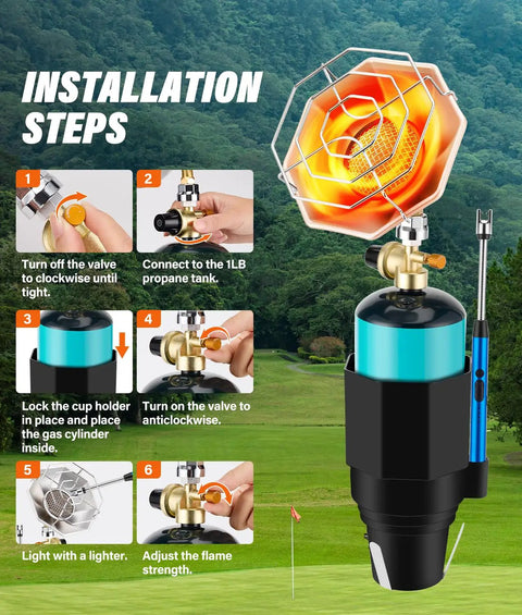 Installation steps for Portable Golf Cart Heater With Cup Holder And Gas Regulator, 6200 BTU Propane Heater for outdoor use