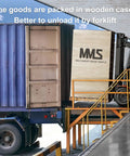 Shipping container with labeled wooden crate being unloaded by forklift on dock ramp