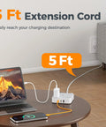 Sleek Flat Surge Protector Power Strip Featuring Ace Usb C Fast Charging Ports And Four Heavy Duty Outlets For Zero Drama Home Office Setup That Straight Up Keeps All Your Gadgets Ready To Roll on a table with 5ft extension cord.