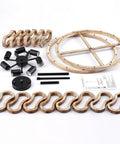 Components of the 23-Inch 7-Light Rustic Wood Drum Chandelier With Metal Accents, shown disassembled on a white background.