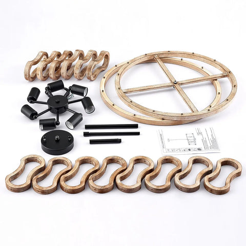 Components of the 23-Inch 7-Light Rustic Wood Drum Chandelier With Metal Accents, shown disassembled on a white background.