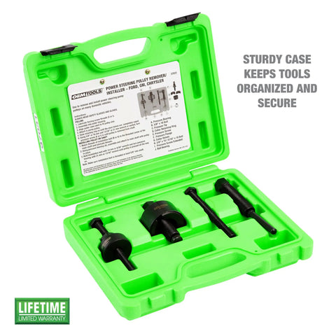 Power Steering Pulley Puller And Installer Kit All In One Tool For Ford GM VW Chrysler Cars in green case, tools visible