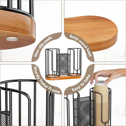Cup And Lids Holder With Wooden Base For Disposable Cups Straws Organizer And Dispenser On Countertop set detail view