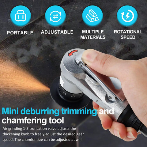 Abizarch Mini Pneumatic Chamfering Machine 30K RPM Air Beveler with Adjustable Speed Knob in use for deburring and chamfering.