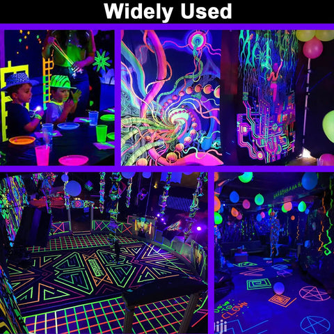 Vibrant blacklight party with neon decor using Ultra Bright Dope 100W LED Blacklight Bar Two Pack IP66 Waterproof Flood Lights