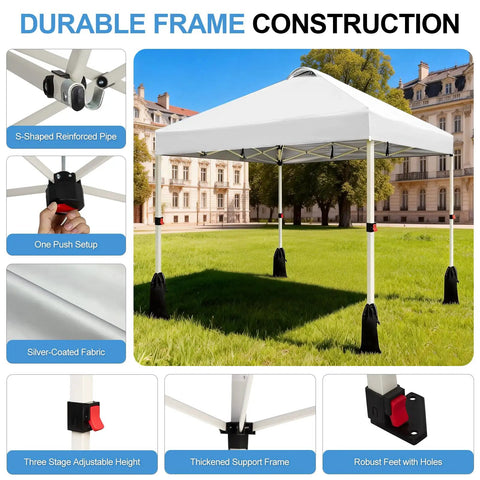10x10 Pop Up Canopy Tent With One Button Push Setup Adjustable Height Instant Portable Shelter Easy Outdoor Sun Shade For Events Includes Roller Bag And 4 Weight Bags White, shown with durable frame construction in a park setting.