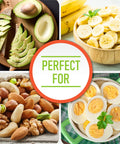 Avocado slices, banana slices, mixed nuts, and boiled eggs in a collage with 'Perfect For' text in the center.