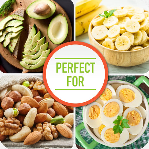 Avocado slices, banana slices, mixed nuts, and boiled eggs in a collage with 'Perfect For' text in the center.