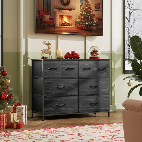 Eight Drawer Fabric Dresser for Bedroom and Beyond, Roomy Chest of Drawers Storage Organizer in Charcoal Black Wood Grain Print in holiday-themed room