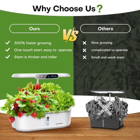 Comparison of Dope Indoor Hydroponics Growing System with 12 pods next to a traditional system, highlighting faster growth advantages.