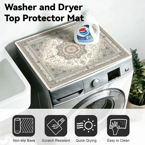 Two Pack Washer And Dryer Top Mats 25.6 By 25.6 Inches Non Slip Quick Dry Top Protectors For Laundry Room And Kitchen Beige Vintage Persian Pattern Shielding Scratches From Detergent Bottles And Spills on a washer with detergent bottle