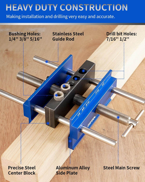 Pro-Grade 6.7 Inch Self Centering Dowel Jig Kit With Wide Capacity Doweling Jig And Drill Guide For Woodworking, Heavy Duty Aluminum Build, Blue on a wooden plank
