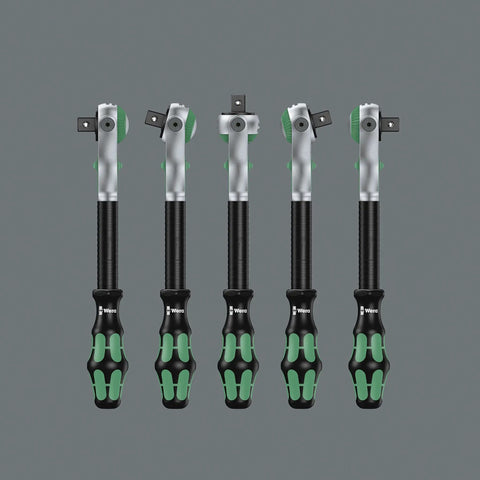Zyklop 8000 C Half Inch Drive Ratchet With Five Tools In One featuring five ratchets with green and black grips, swivel heads.