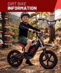Kid riding Kids Electric Dirt Bike 36V 350W Motor With Alloy Wheels And Fourteen Inch Pneumatic Tires Max Speed Fifteen Point Five MPH.